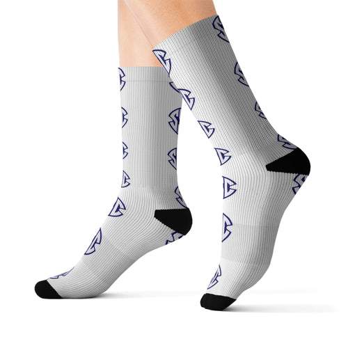 Monogram Circle Logo Sublimation Socks — Personalized White Crew Socks with Navy Emblem