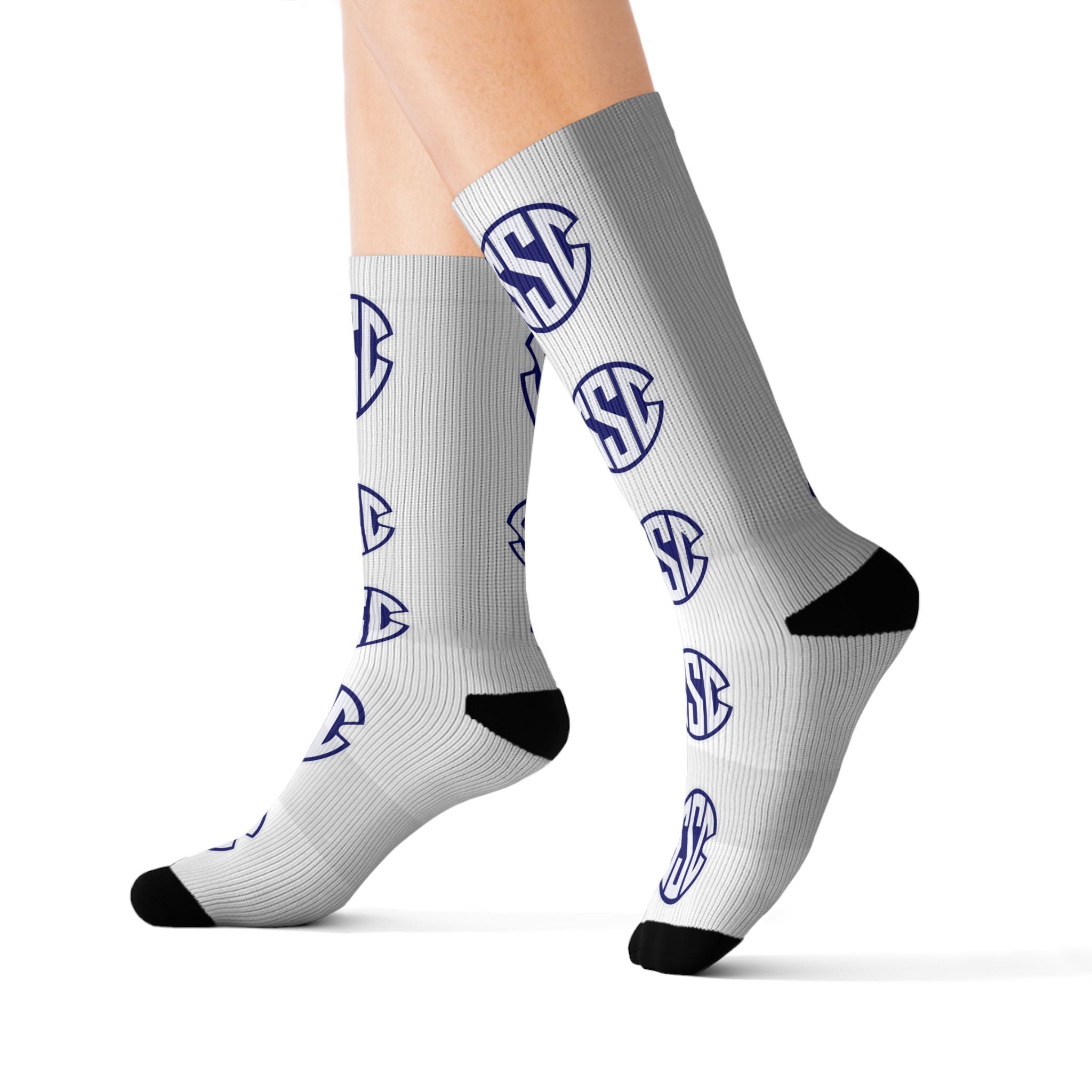 Monogram Circle Logo Sublimation Socks — Personalized White Crew Socks with Navy Emblem