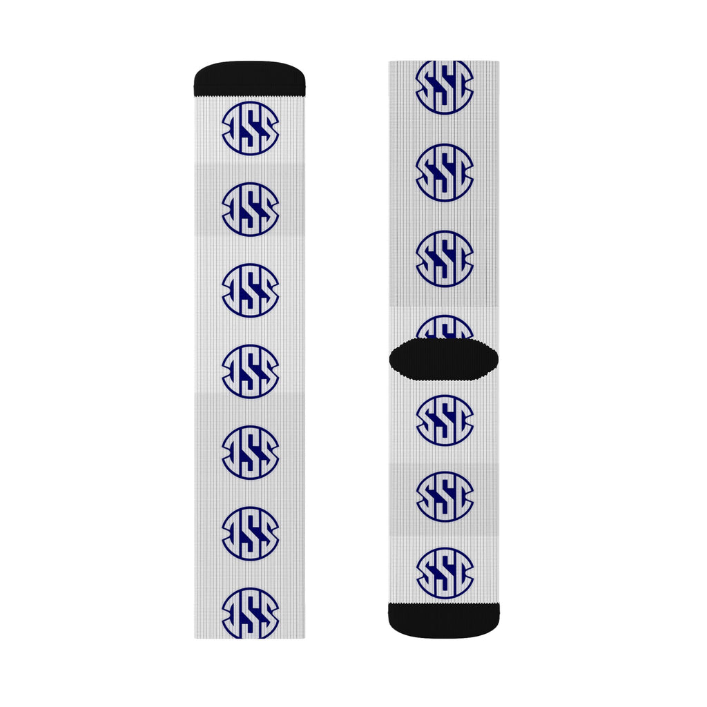Monogram Circle Logo Sublimation Socks — Personalized White Crew Socks with Navy Emblem