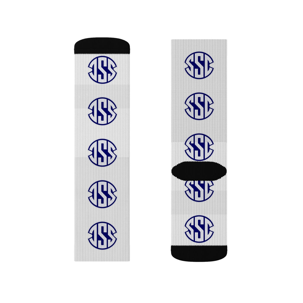 Monogram Circle Logo Sublimation Socks — Personalized White Crew Socks with Navy Emblem