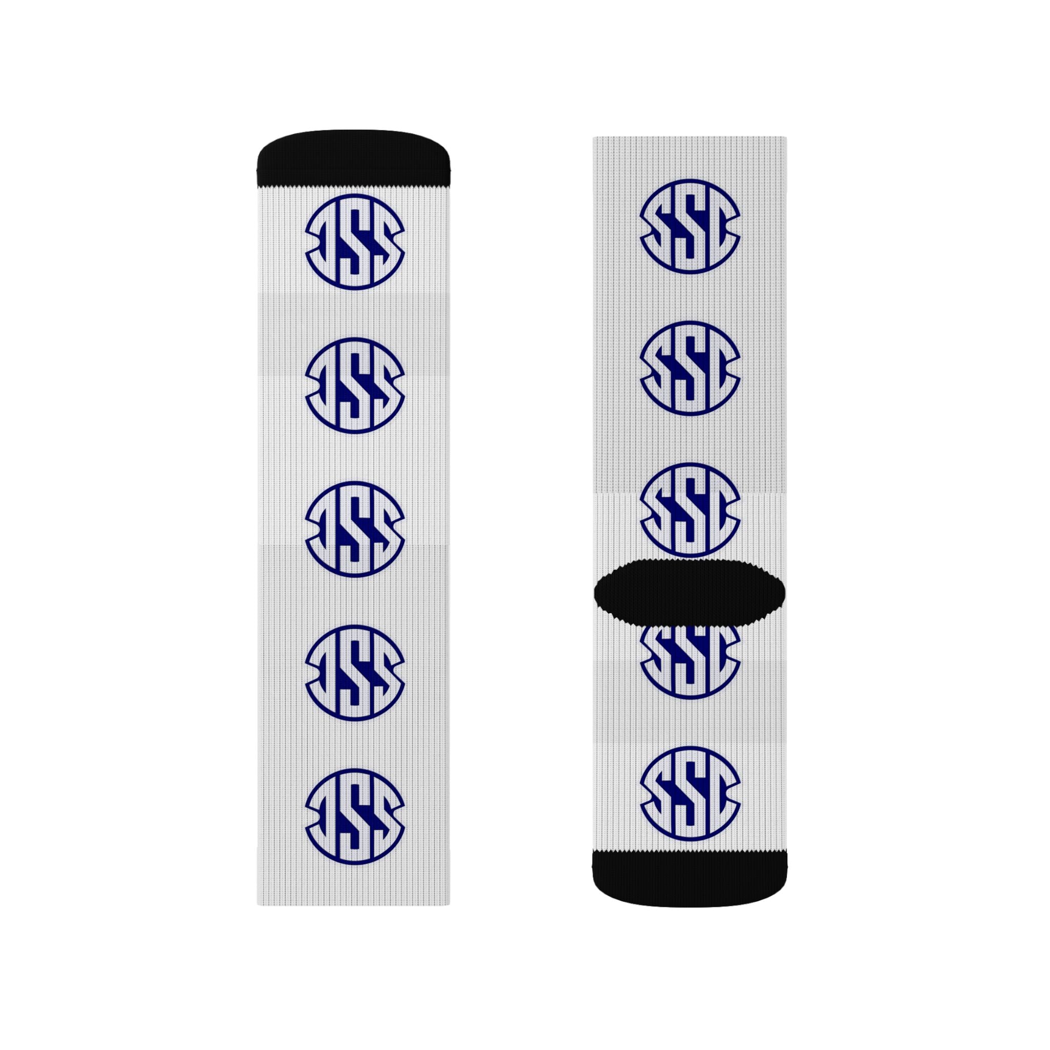 Monogram Circle Logo Sublimation Socks — Personalized White Crew Socks with Navy Emblem