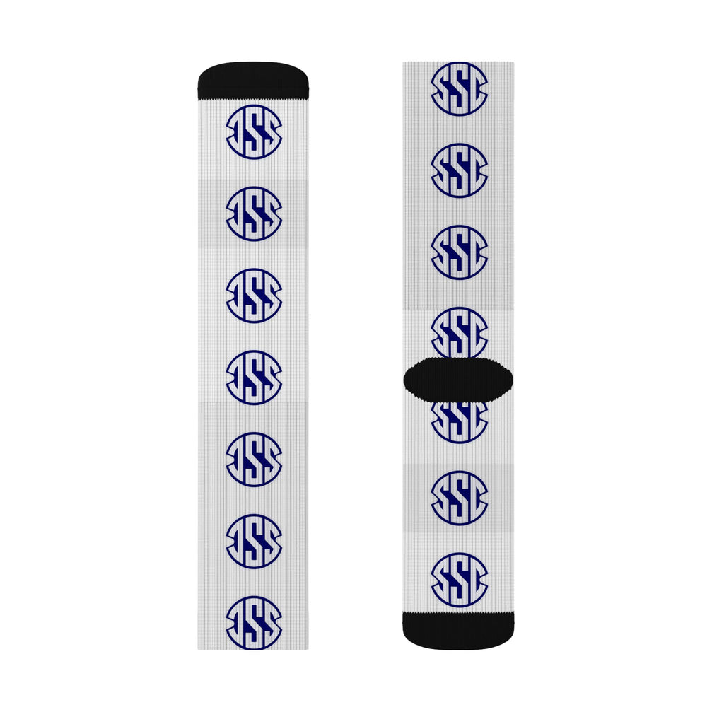 Monogram Circle Logo Sublimation Socks — Personalized White Crew Socks with Navy Emblem