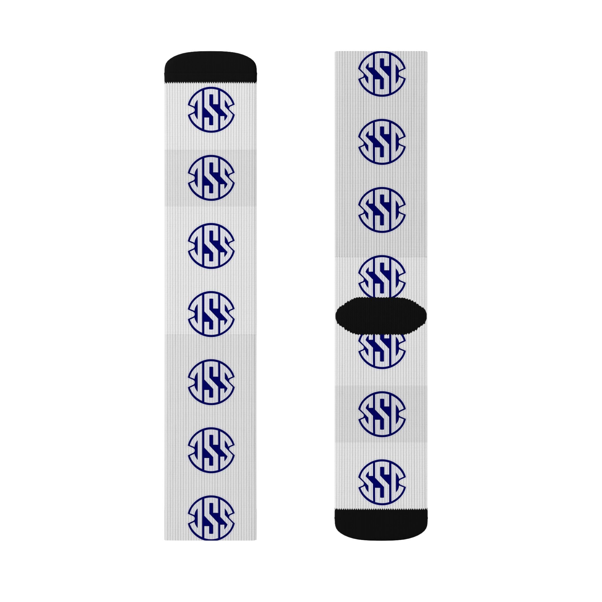 Monogram Circle Logo Sublimation Socks — Personalized White Crew Socks with Navy Emblem