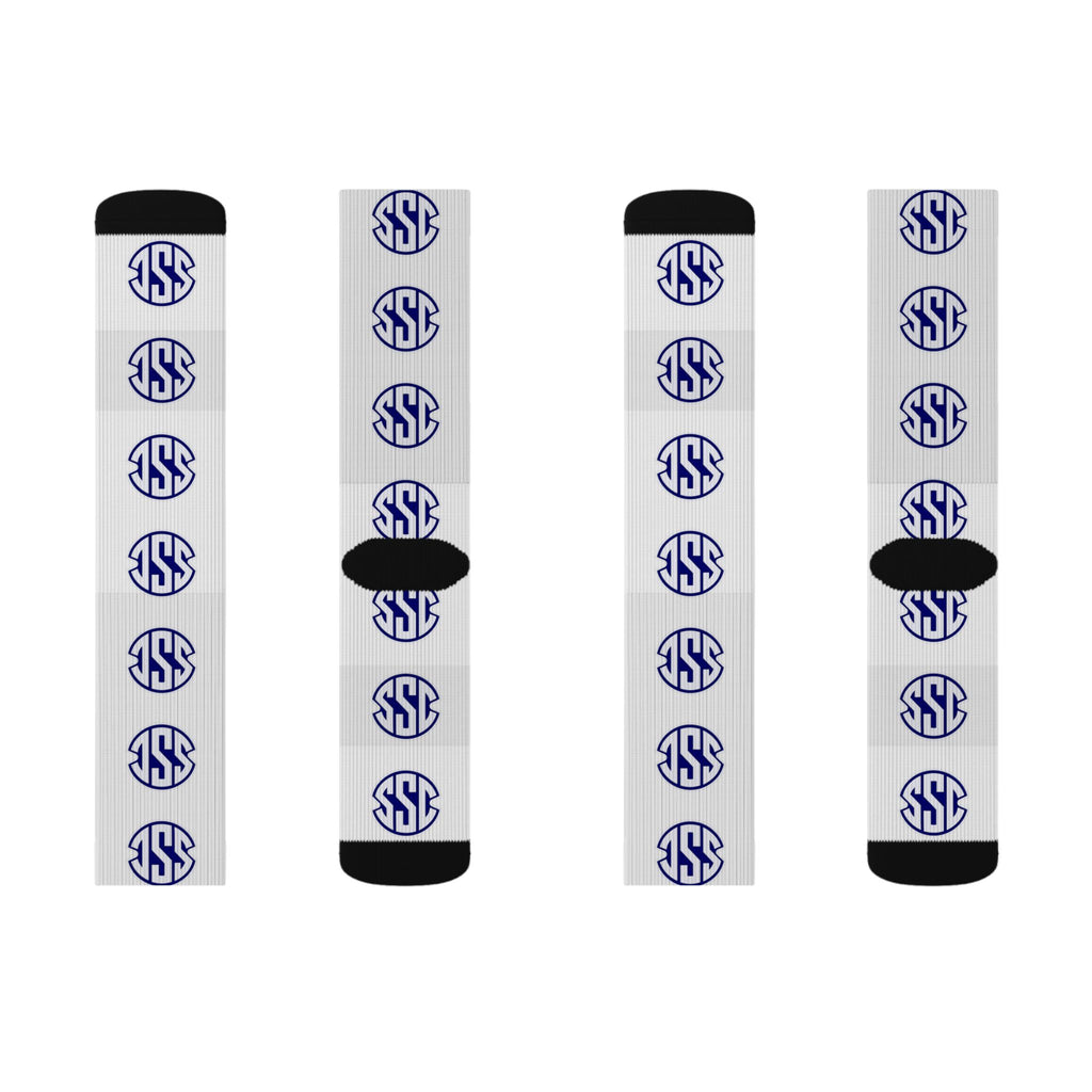 Monogram Circle Logo Sublimation Socks — Personalized White Crew Socks with Navy Emblem