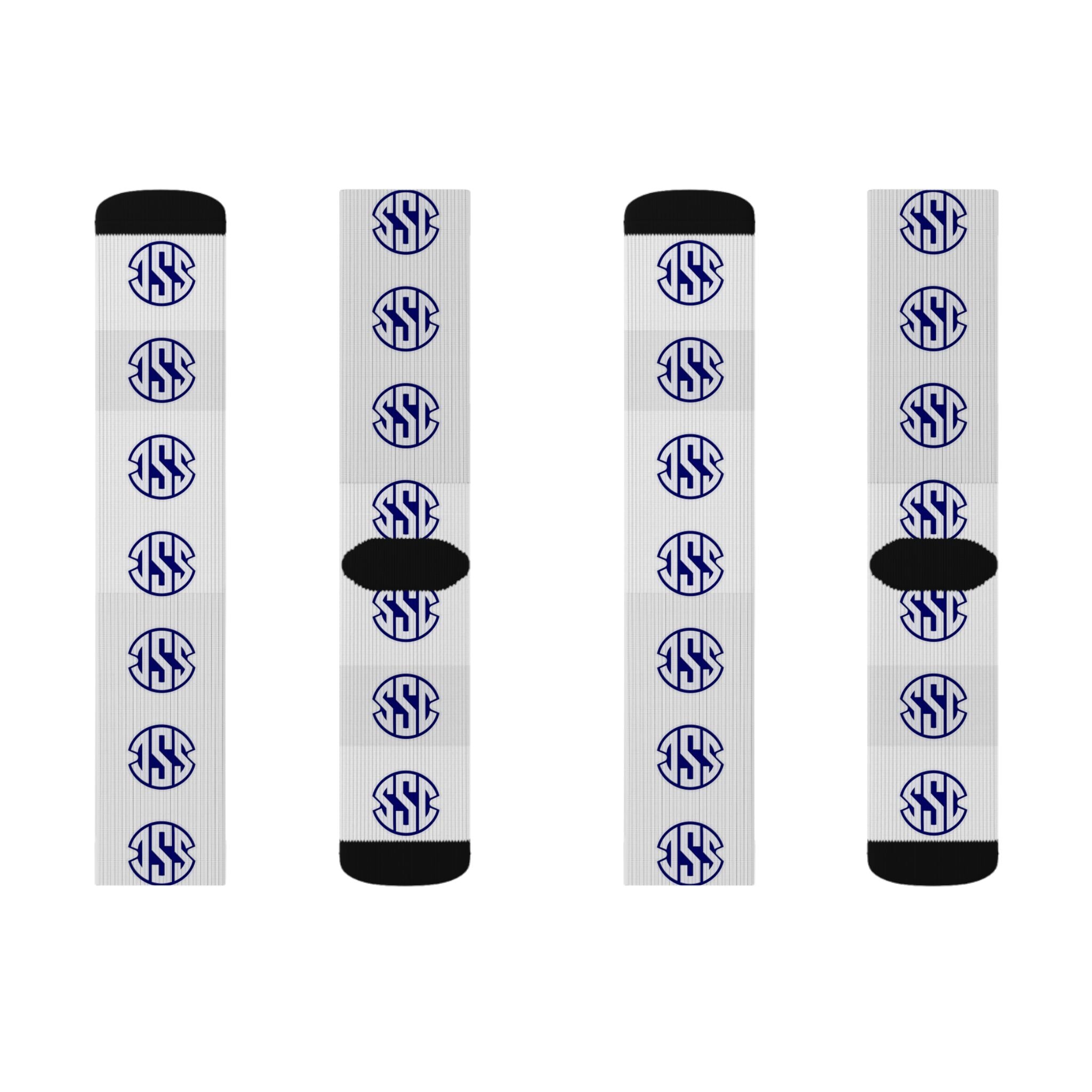 Monogram Circle Logo Sublimation Socks — Personalized White Crew Socks with Navy Emblem