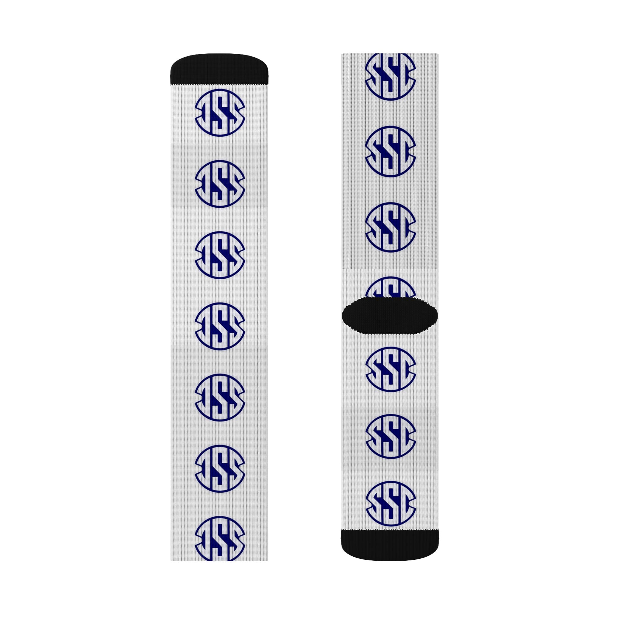 Monogram Circle Logo Sublimation Socks — Personalized White Crew Socks with Navy Emblem