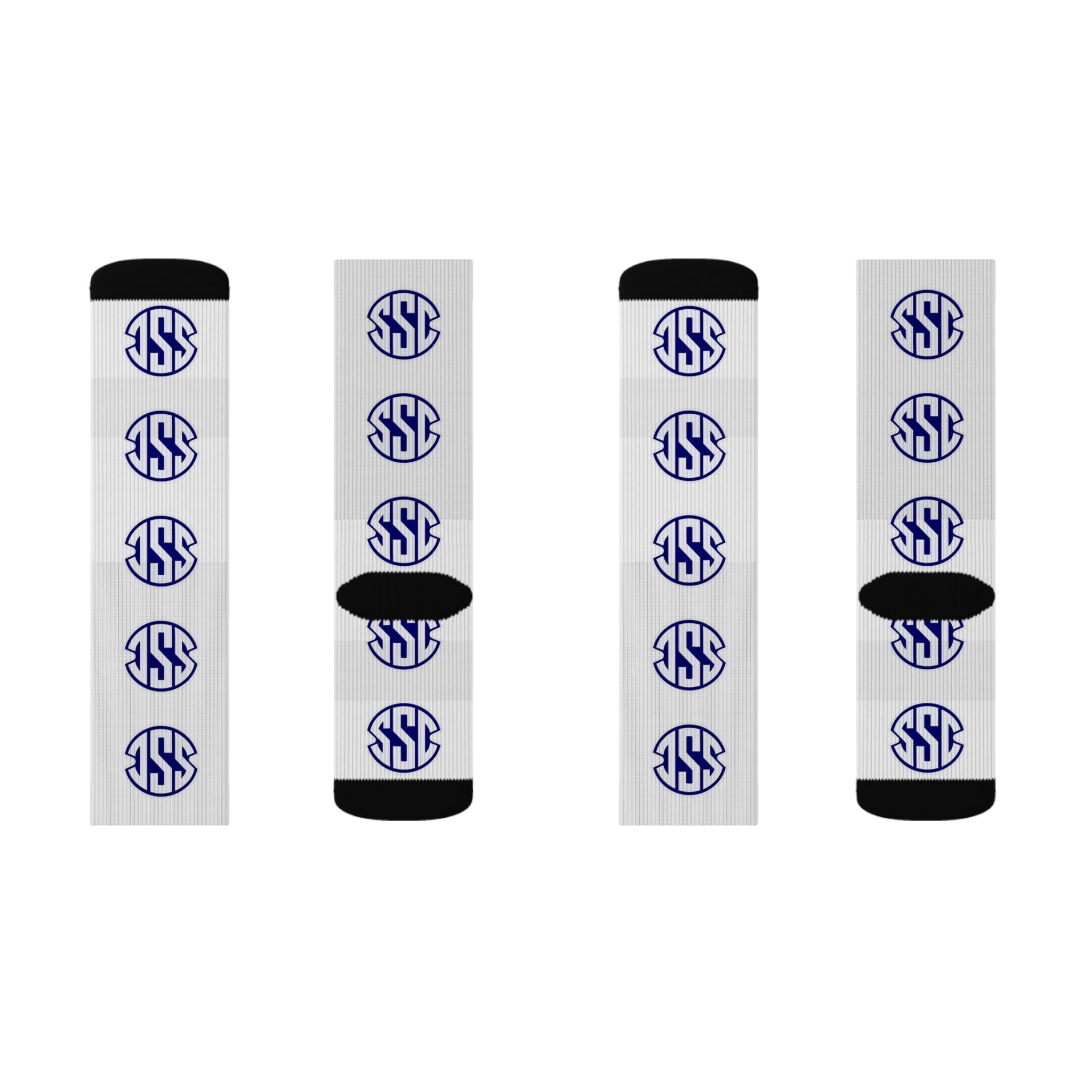 Monogram Circle Logo Sublimation Socks — Personalized White Crew Socks with Navy Emblem