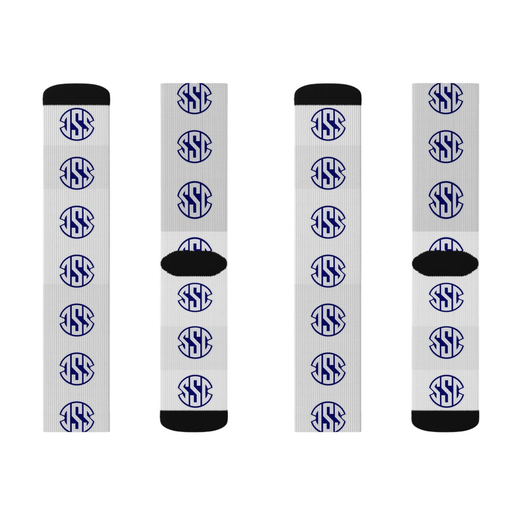 Monogram Circle Logo Sublimation Socks — Personalized White Crew Socks with Navy Emblem