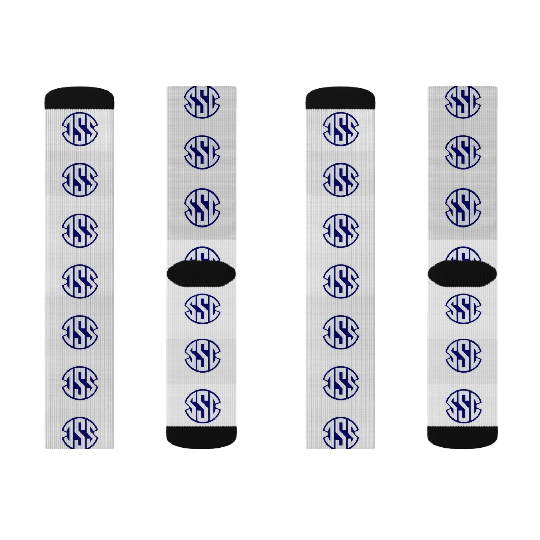 Monogram Circle Logo Sublimation Socks — Personalized White Crew Socks with Navy Emblem