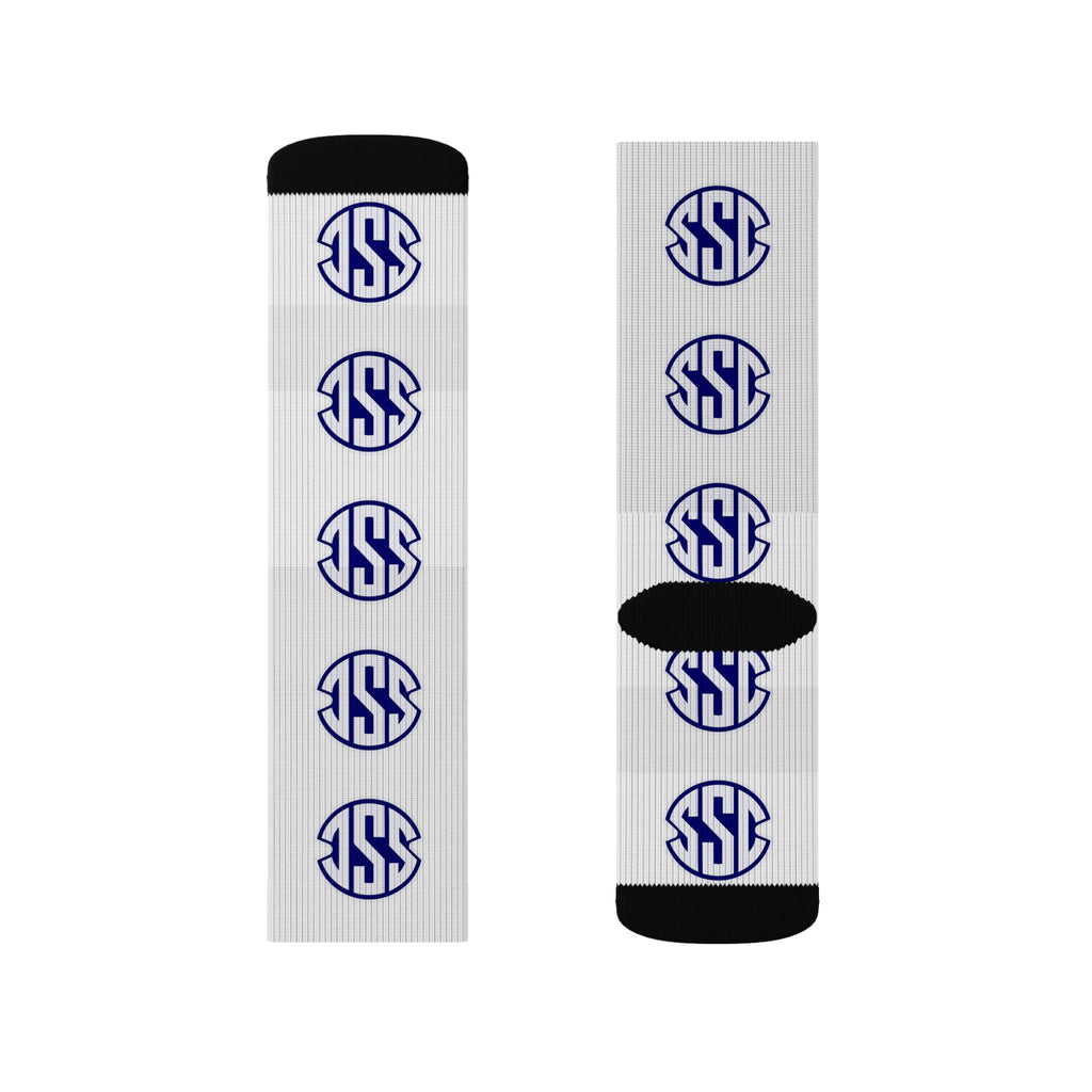 Monogram Circle Logo Sublimation Socks — Personalized White Crew Socks with Navy Emblem