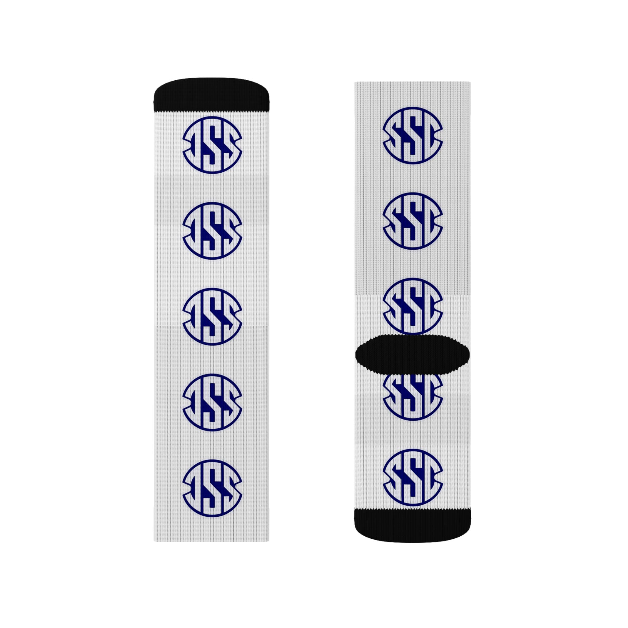 Monogram Circle Logo Sublimation Socks — Personalized White Crew Socks with Navy Emblem